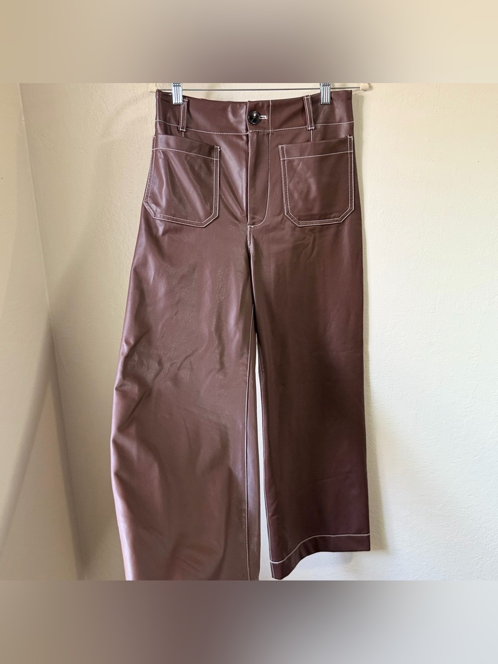Anthropologie Maeve Colette Faux Leather Crop Wide‎ Leg Pants Brown Stitch 27 - Picture 5 of 9